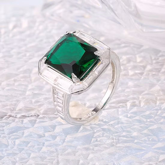 Fashion Colorful Pink Green Purple Baguette Women CZ Jewelry Luxury Gold Plated 925 Silver Pave Cubic Zirconia Zircon Ring