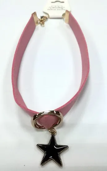 Fabric Necklace Choker with Star Charms with Black Enamel 