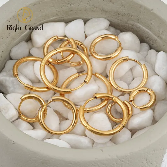 Right Grand 18K Gold Cubic Zirconia Stainless Steel Huggie Sparkling Hoop Earring 