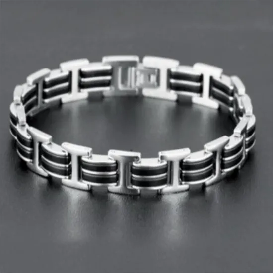Titanium Silicone Chain Bracelets Mens Jewelry Stainless Steel Bangle 