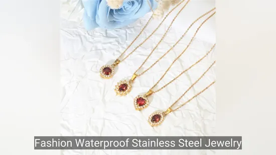 Fashion Waterproof Stainless Steel Jewelry Micro Inlaid Red Cubic Zirconia Geometric Heart Pendants Chain Necklaces for Women 