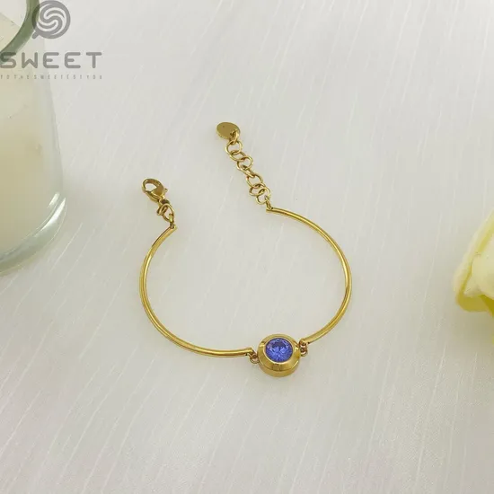 Advanced Light Tanzanite Blue Zircon Gold Plated Stainless Steel Bangle for Woman 